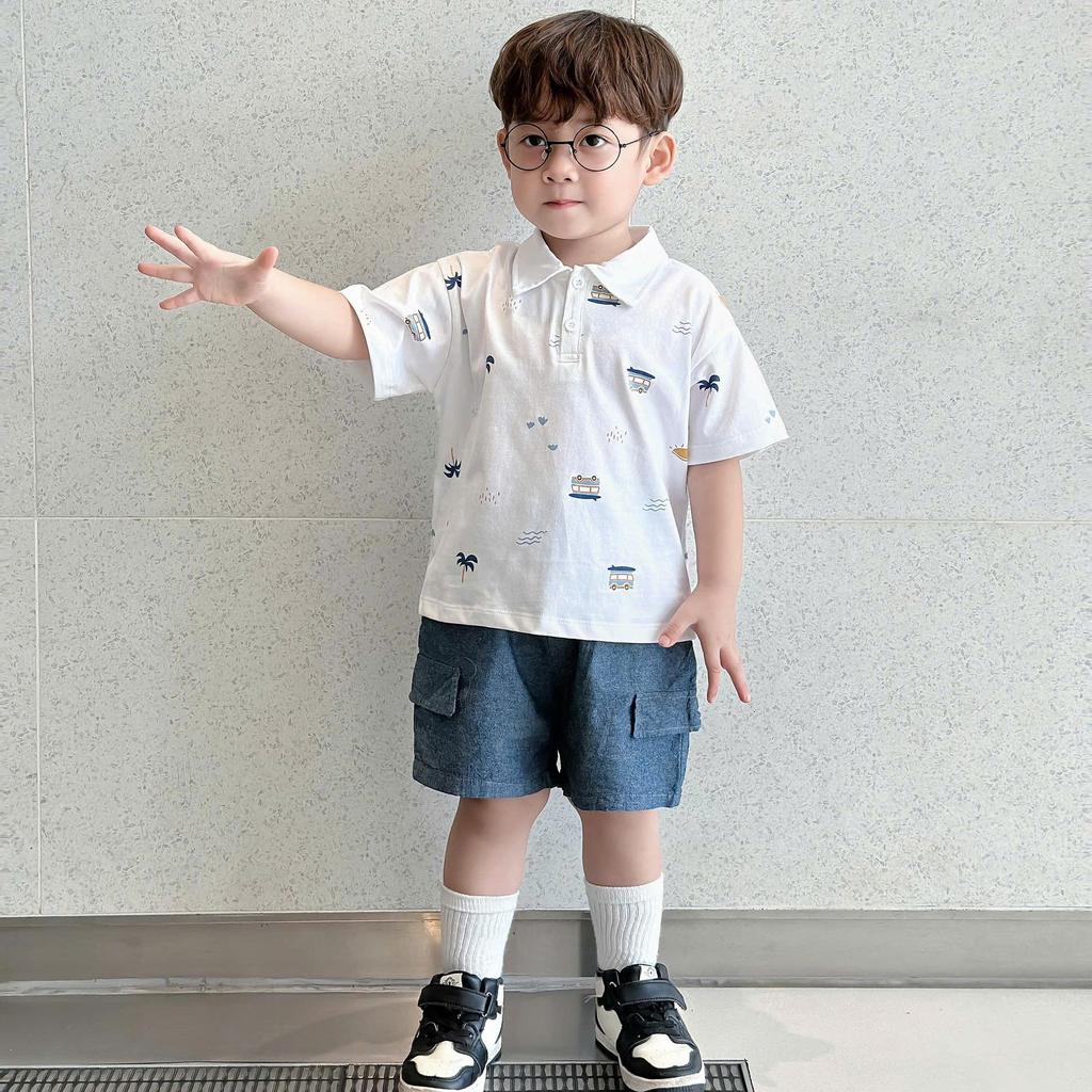Bộ quần áo polo in Ô tô quần giả bò  cho bé trai, cotton mềm mát, thiết kế nam tính
