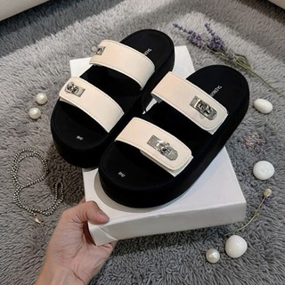 Dép Nữ IGU 2 quai ngang có khóa vặn tròn da lộn trẻ trung cá tính cao 5cm và 2cm nhẹ chân mũi dễ phối đồ