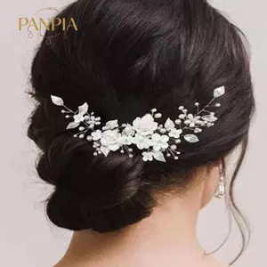 PNPIA- Cây nho tóc cô dâu với ngọc trai và lá kim cương giả Mũ đội đầu đám cưới nữ Prom và các dịp thời trang