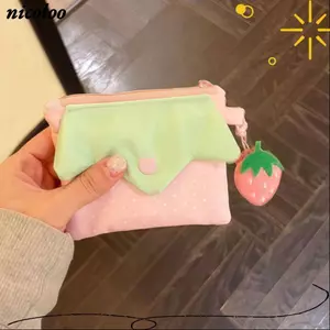 Ví đựng tiền xu NICOLOO, Túi đựng mỹ phẩm Mini dâu chấm bi, Thiết kế dây kéo đa chức năng Hộp đựng thẻ di động dành cho nữ Cô gái