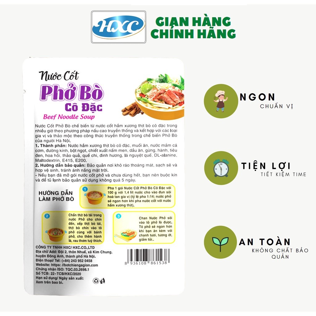Gói Cốt Phở Bò Cô Đặc HXC 100g tươi ngon, chuẩn vị, an toàn, không cần nêm nếm.