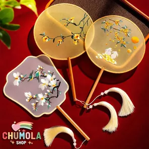 Quạt Cổ Trang Tròn Vải Lụa Thêu Tay Hán Phục Tết phượng hoàng cosplay có tua rua chụp hình xinh xắn