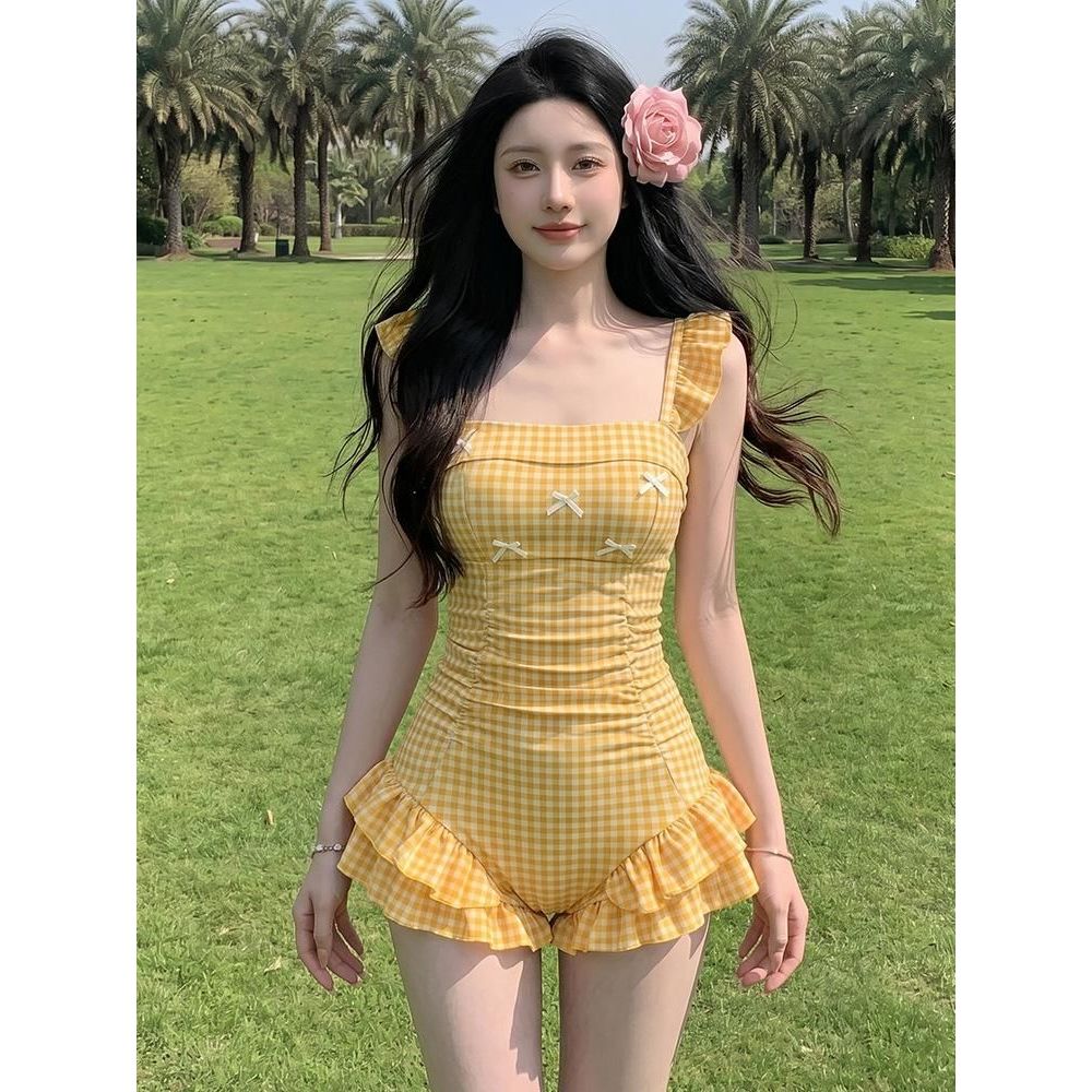 Đồ Bơi Nữ 1 Mảnh Kẻ CaRo Gingham Dễ Thương Áo Tắm Liền Thân Giấu Bụng Phối Nơ Rút Eo Tôn Dáng JUM CARO BÈO XANH VÀNG