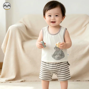 Bộ quần short Cotton nguyên chất mùa hè cho trẻ em / Bộ quần short không tay hai mảnh / Quần áo đi chơi thoáng khí phong cách mỏng cho bé trai