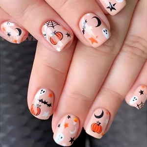 Vuông Ngắn Móng Tay Giả Hoạt Hình Dễ Thương Bí Ngô Nhện In Hình Móng Tay Giả Cho Nữ Làm Đẹp Móng Tay Trang Điểm