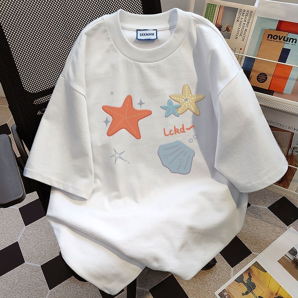 （Giao hàng 24h）Angela Áo phông nam nữ xám ghi form rộng In hình sao biển áo thun mùa hè hàn quốc Local Brand