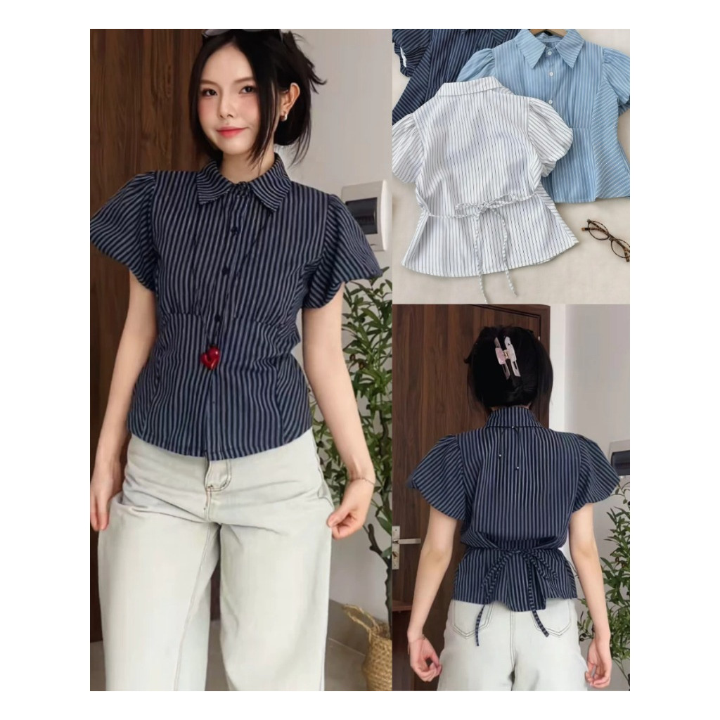 Áo Sơ Mi Kẻ Sọc 📷 𝐁𝐲 𝐒𝐡𝐞𝐭𝐢𝐬 Kiểu tay Bồng Phối Dây Buộc Chiết Eo, Sơ Mi Nữ Kẻ Kiểu Vintage_A532,A604