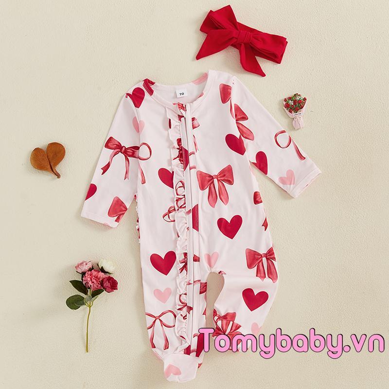 Bộ áo liền quần dài tay cổ tròn in hình trái tim cho bé gái có băng đô