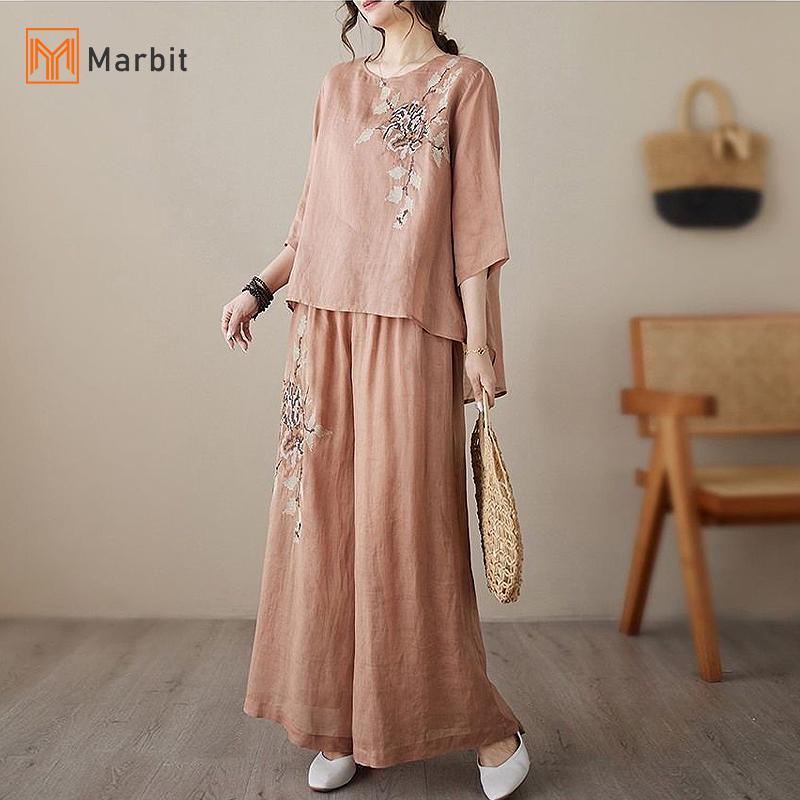 Marbit Áo Sơ Mi Thêu và Quần Ống Rộng Retro, Thời Trang cho Nữ