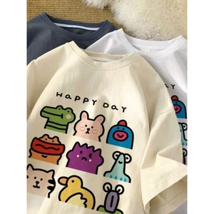 Áo thun ngắn tay 100% cotton, kiểu dáng thời trang, chống xù lông, rộng rãi, in hình hoạt hình, phong cách thoải mái.