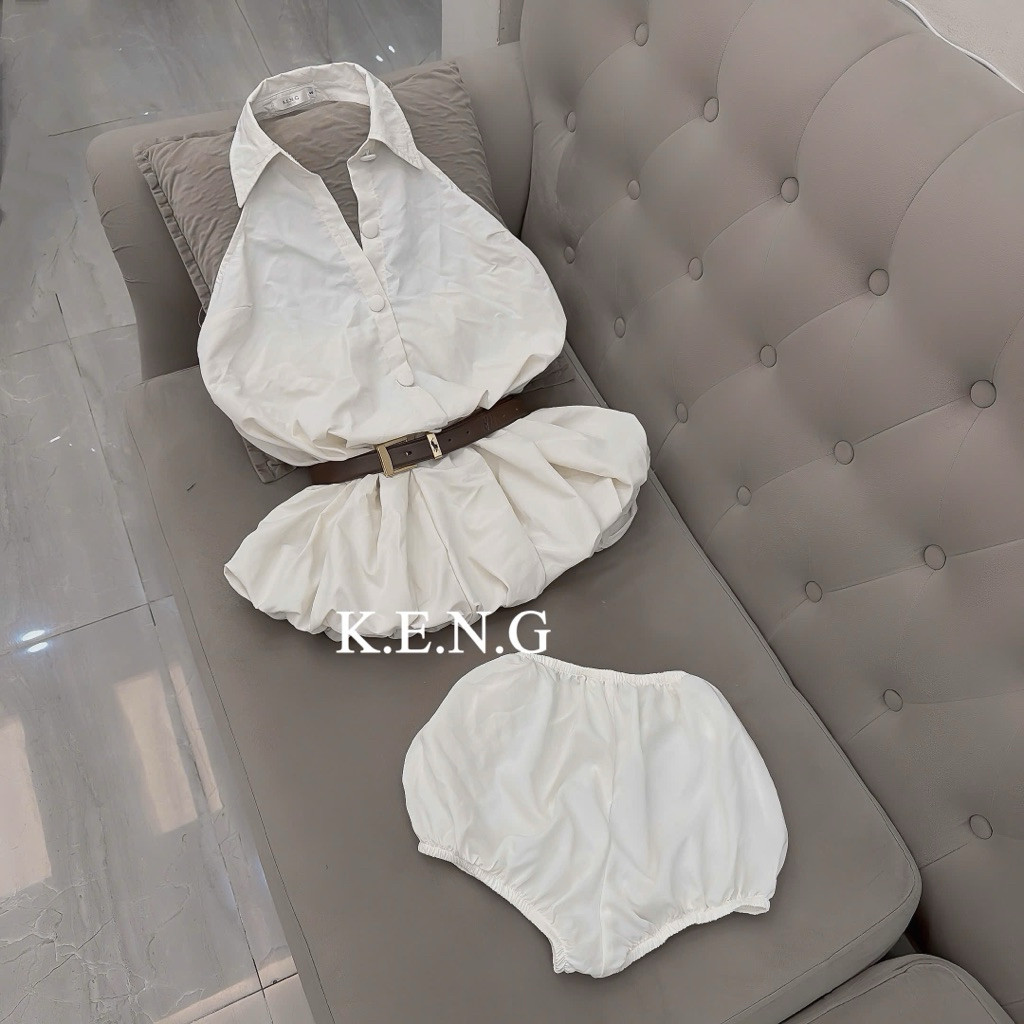 Đầm cổ yếm khuy bọc kèm đai chân xoè bồng siêu đẹp BYJOLIE