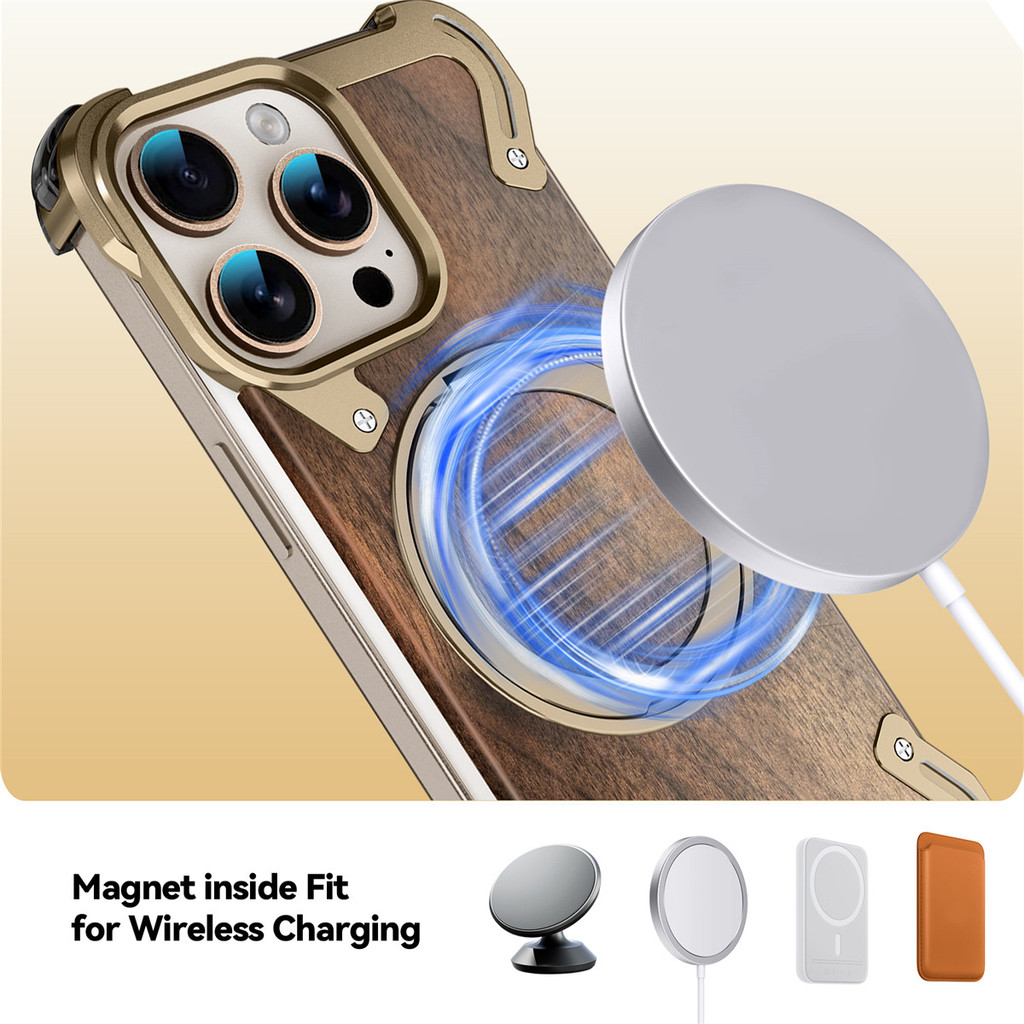Hợp Kim Nhôm Điện Thoại Di Động Ốp Lưng Cho Funda iPhone 17 Pro Max 16 Pro Max 15 Pro Chắc Chắn Gỗ óc chó Kim Loại Đứng Cho Bao Da