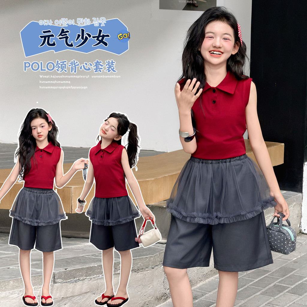 Áo sơ mi polo không tay màu đỏ cho bé gái Mùa hè Phong cách mới Thời trang trẻ em Slim-fit Top