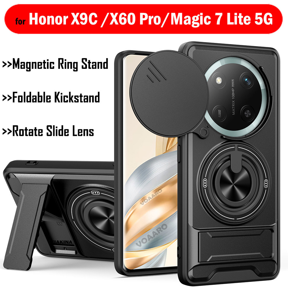Giáp Xoay Ống Kính Trượt Funda Cho Honor X9C Ốp Lưng Vòng Từ Tính Dành Cho Honor Magic7 Lite X60 Pro Ốp Lưng Chân Đế Có Thể Gập Lại Capa