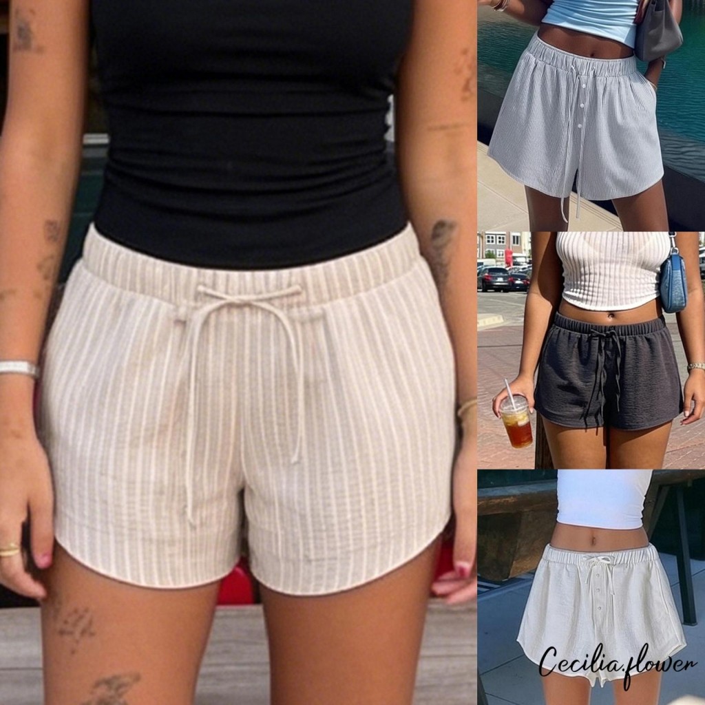 [Rjqu] Quần Short Nữ Mini Dây Rút Thắt Lưng Co Giãn Trang Trí Nút Mùa Hè Quần Short In Sọc Có Túi