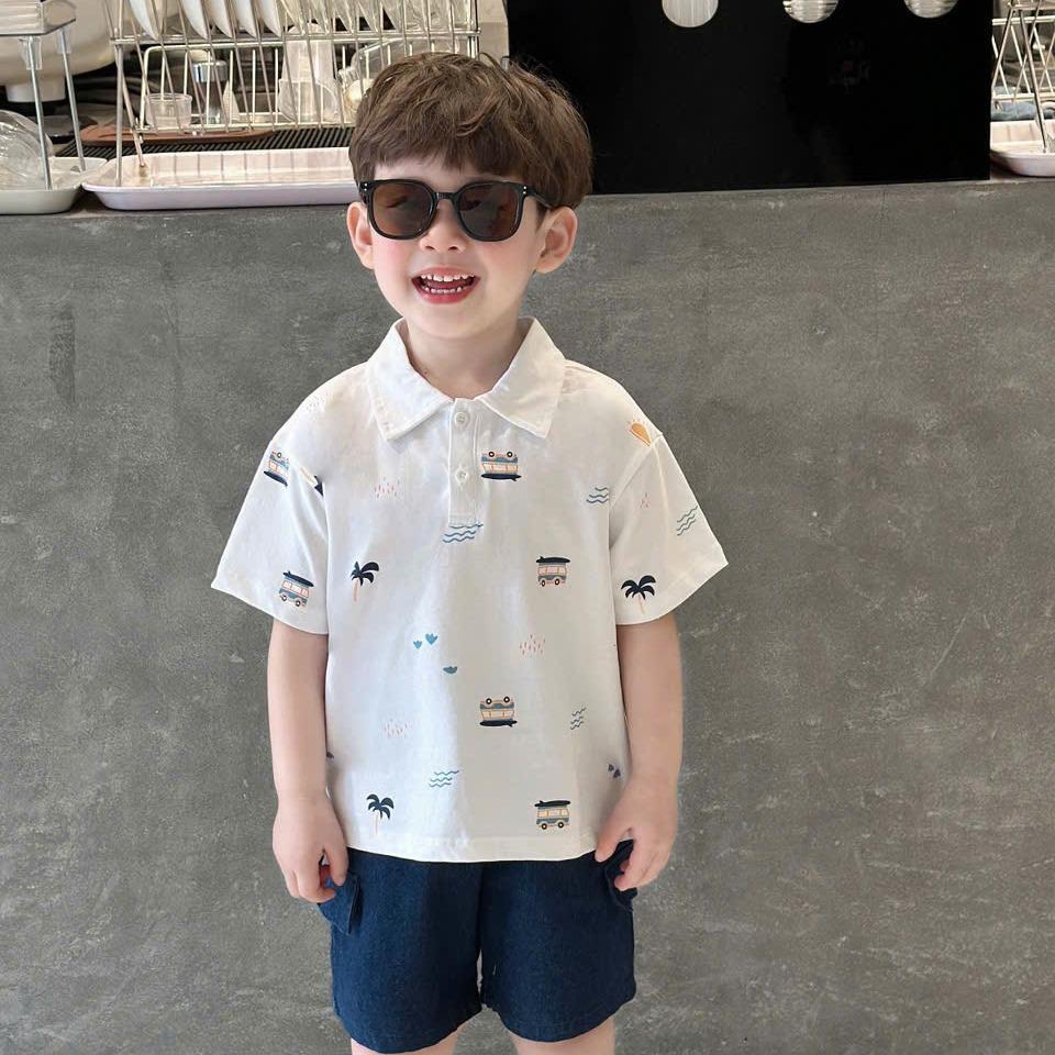 Bộ quần áo polo in Ô tô quần giả bò  cho bé trai, cotton mềm mát, thiết kế nam tính