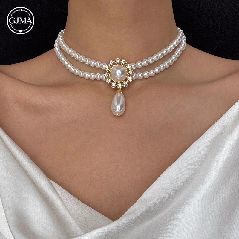 Vòng cổ mặt dây chuyền ngọc trai hai lớp phong cách cung điện cổ điển Phụ kiện thanh lịch thời trang dành cho nữ