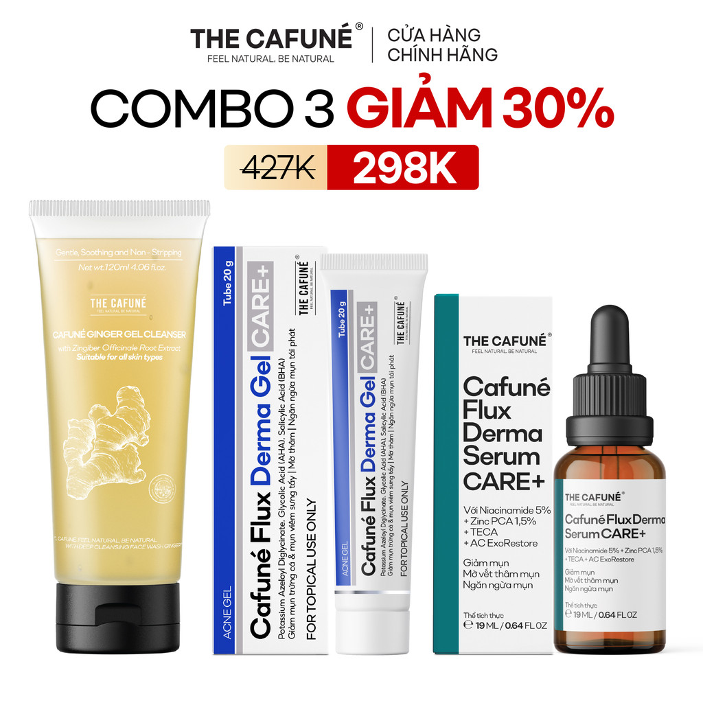 [COMBO GIẢM 42%] Combo 3 Bước Chăm Sóc Da Mụn Cafuné: Sữa Rửa Mặt Gừng + Serum Mụn Flux Derma + Gel Chấm Mụn Flux Derma
