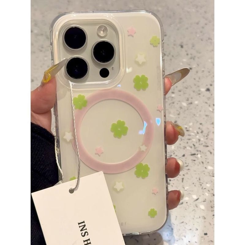 Xoay Lucky Bốn Lá Cỏ Ba Lá Từ Tính Apple 16promax Ốp Lưng Điện Thoại 15 / 13 / 14Plus / 12 Nữ 11 Mùa Hè x