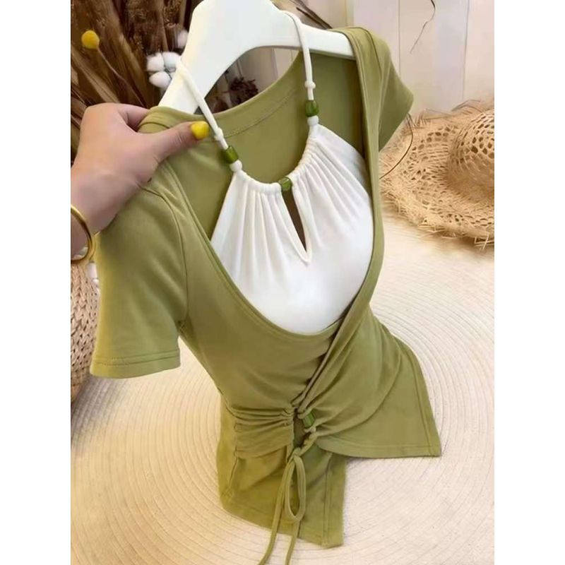 [Hàng mới về] Phiên bản Hàn Quốc Thiết kế đi lại Cảm giác tương phản Màu sắc Khâu giả Áo thun ngắn tay hai mảnh nữ mùa hè 2026 Phong cách mới Slim