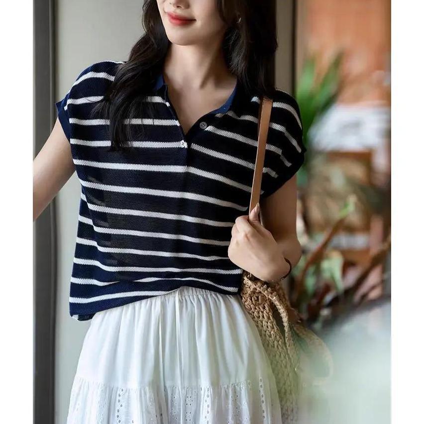 Nữ Mùa Hè Phong Cách Mới Đơn Giản Cao Cấp Cảm Giác Cổ POLO Sọc Áo Thun Ngắn Tay Dệt Kim, Áo Cơ Bản Ôm Hơn Tất Cả Trận Đấu, Thanh Lịch Sang Trọng Commu