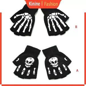 KIN Trẻ Em Halloween Dạ Quang Đồng Hồ Đầu Lâu Găng Tay Nửa Ngón Phát Sáng Trong Bóng Tối Dệt Kim Ngón Găng Tay Cosplay Costum