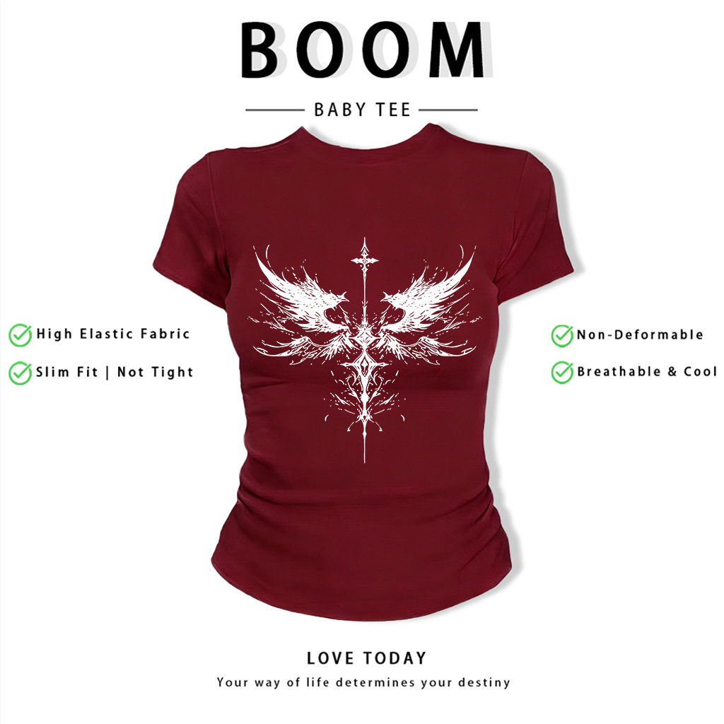 BOOM Áo Baby Tee Nữ Cotton Ôm Body-Áo Thun Ngắn Tay Y2K In Hình PhongCách Mùa Hè, Cổ Tròn Hàng Đầucách hàn quốc phongU16