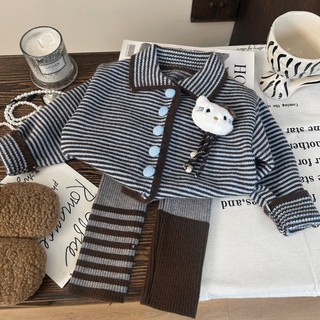 Phiên Bản Hàn Quốc Quần Áo Trẻ Em 2025 Phong Cách Mới Mùa Thu Bé Gái Sọc Dệt Kim Cardigan, Quần Legging Len Trẻ Em Hai Mảnh Bộ
