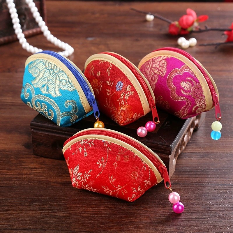 Thời Trang Mới Họa Tiết Hoa Ví Đựng Tiền Xu Phong Cách Trung Hoa Ví Nhỏ Dây Kéo Túi Đựng Tiền Xu