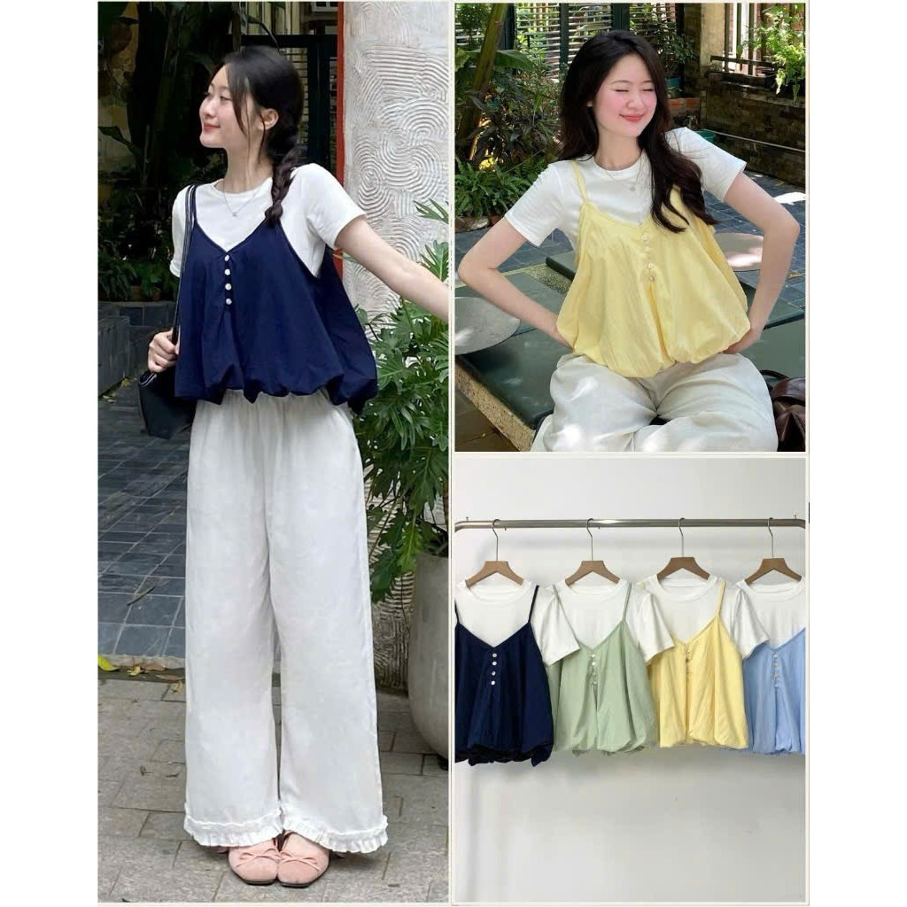 Set Yếm Nữ 2 Dây Dáng Bí Cúc Dọc Kèm Áo Thun Trơn (Có Bán Lẻ Yếm) Kenco clothing M3807 Thời Trang Nữ