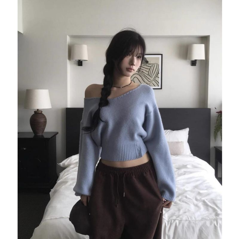 Áo Len Off-The-Shoulder Ngắn Phong Cách Hàn Quốc Cho Thu Đông, Sang Trọng và Thời Thượng