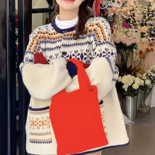 Áo len retro jacquard vải mềm mại sáp không khí, thời trang thu đông, ấm áp
