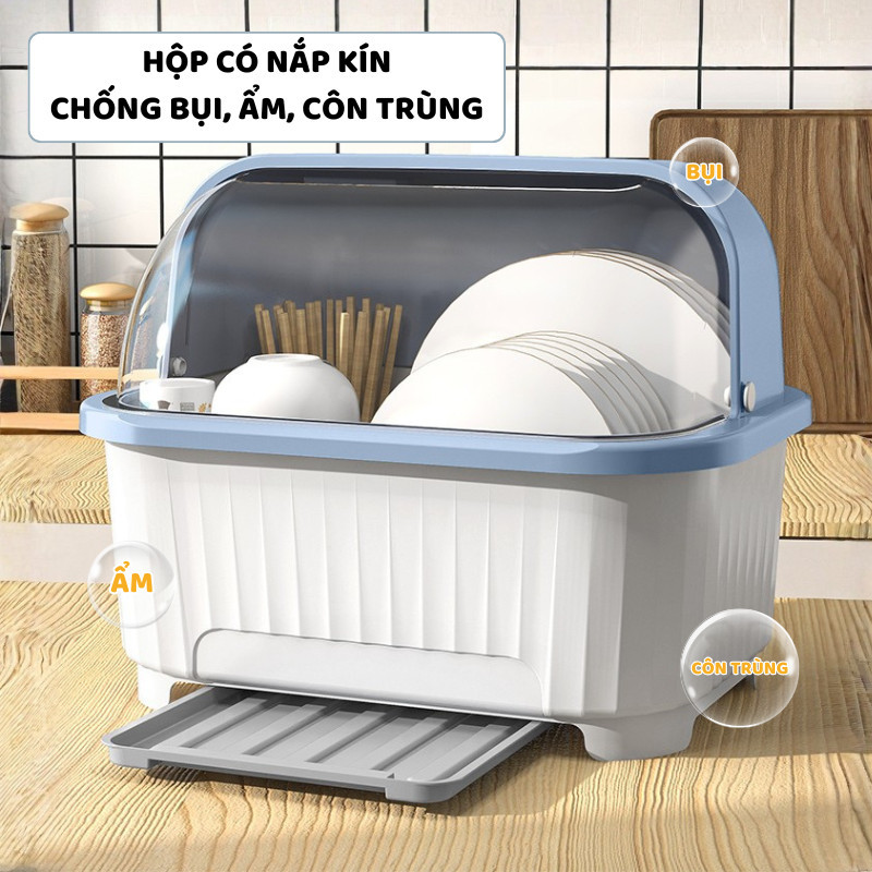 Giá Úp Chén Bát Đĩa Ráo Nước ENODA HOME, Hộp Đựng Bát Đũa Có Nắp Đậy 3 Size Cho Phòng Bếp GB004