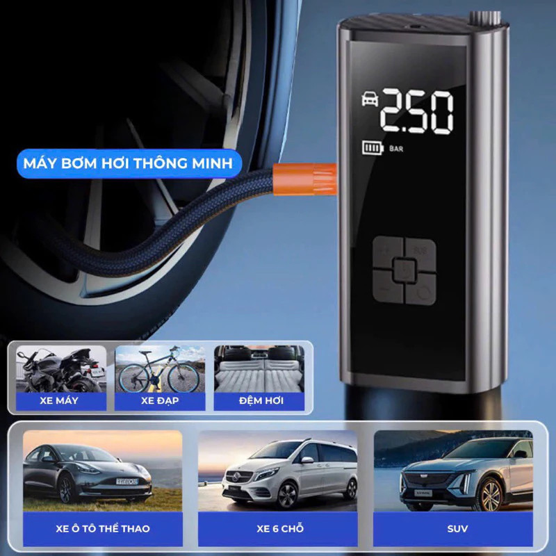 Bơm Xe Ô Tô,Xe Máy Xe Đạp Công Suất 100W 120W Máy Bơm Lốp Ô Tô Di Động Bánh Xe Không Dây