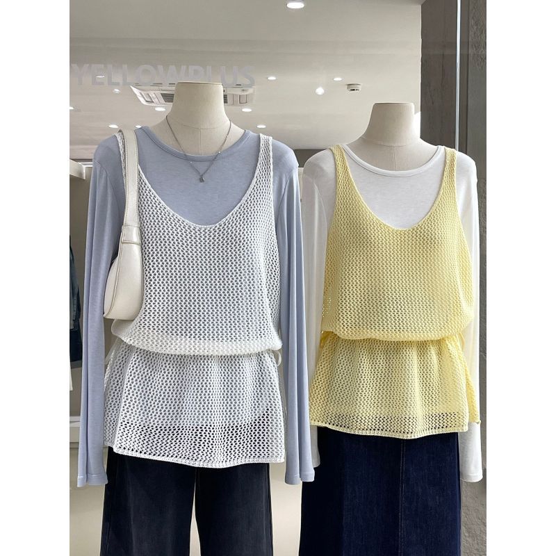 [Seckill có hạn trong thời gian] Phong cách Hàn Quốc Mùa hè mỏng hơn có thể xếp lớp eo hẹp Áo Vest dệt kim rỗng Váy Sling B