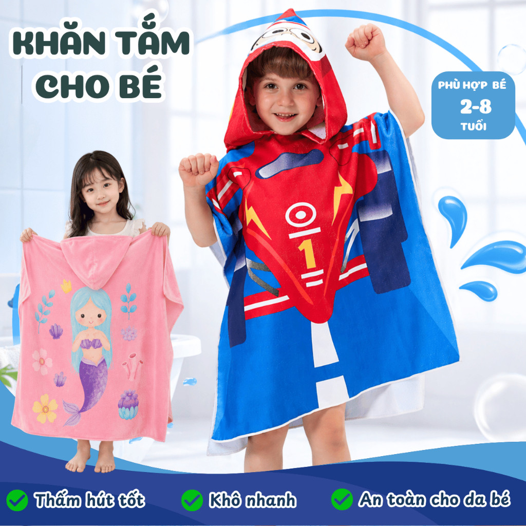 Áo Choàng Tắm Cho Bé Họa Tiết Hoạt Hình Richouse, Khăn Tắm Có Mũ Trùm Mềm Mịn Khô Nhanh