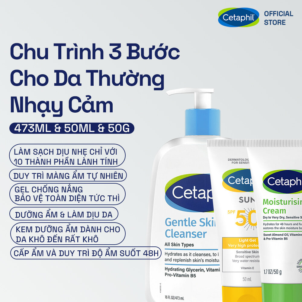 Combo 3 Bước Cetaphil Chăm Da Dịu Lành: Sữa rửa mặt 500ML + Kem dưỡng ẩm 50G + Gel chống nắng SPF50+