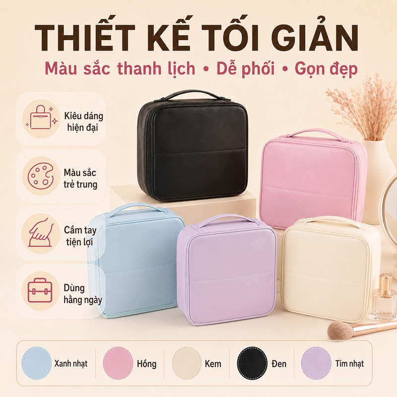 Túi Đựng Bút & Mỹ Phẩm Đa Năng Di Động – Dung Tích Lớn, Phân Vùng, Chống Thấm, Kèm Gương, Quai Xách, Du Lịch