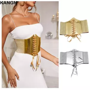Thắt lưng KANGN, Thắt lưng rộng buộc dây bằng da PU, Thiết kế đàn hồi đa năng Vàng Bạc Retro Thắt lưng dành cho nữ