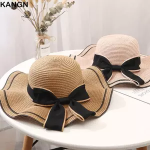 KANGN Bowtie Mũ ngư dân, Mũ chống nắng nữ có thể gập lại mùa hè, Mũ rơm thời trang thông thường Mũ đi biển du lịch