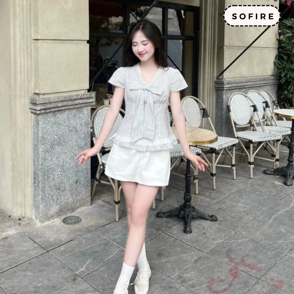 Áo Sơ Mi Kẻ Sọc Cổ Tim Kèm Nơ To Phối Ren Xinh Xắn Sofire, Áo Kiểu Nữ Viền Bèo Gấu Dễ Thương Thời Trang Mùa Hè -NT1