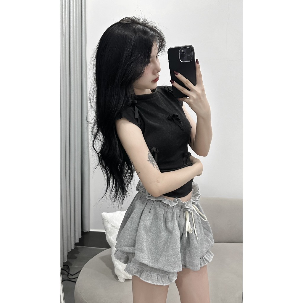 Áo thun nữ cổ tròn đính nơ tay hến phong cách Hàn Quốc chất thun co dãn ôm body