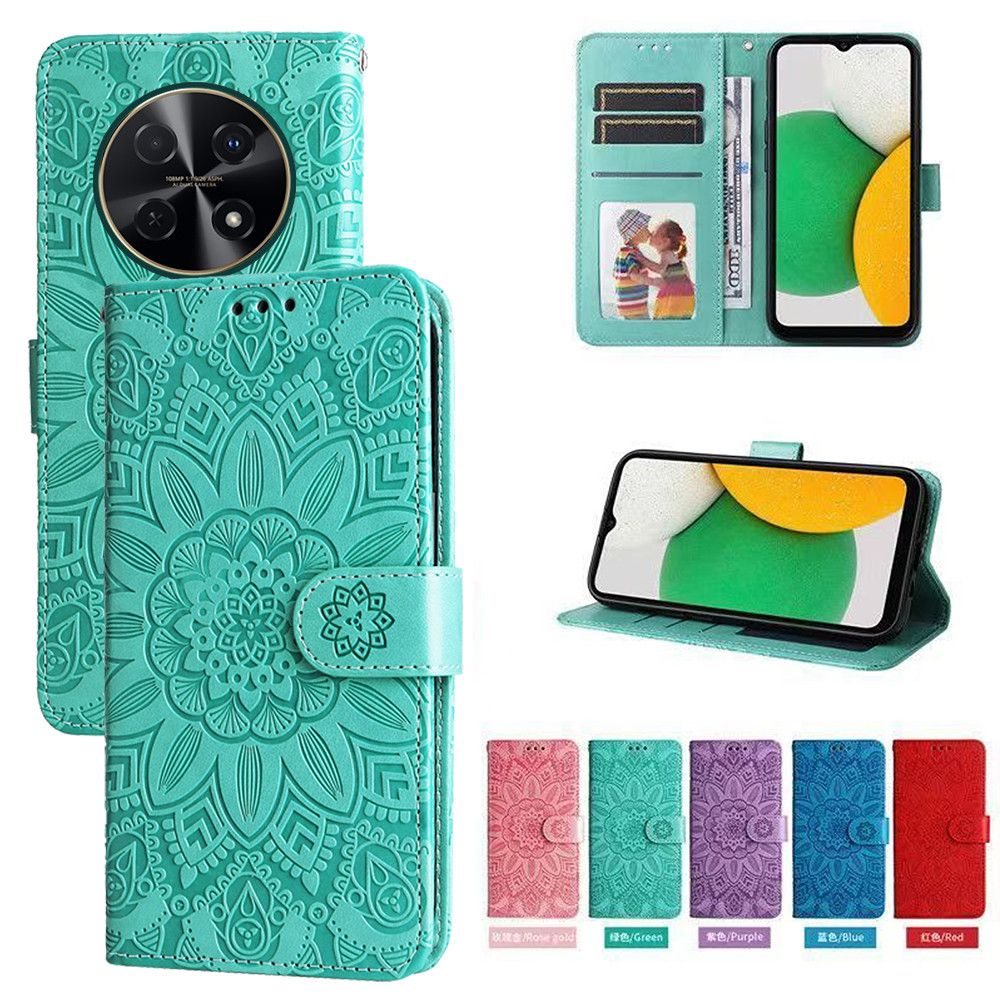 Ví da từ tính Flip Case cho Huawei Nova 14i 13i 12i Y91 Y90 Vỏ điện thoại hoa hướng dương dập nổi