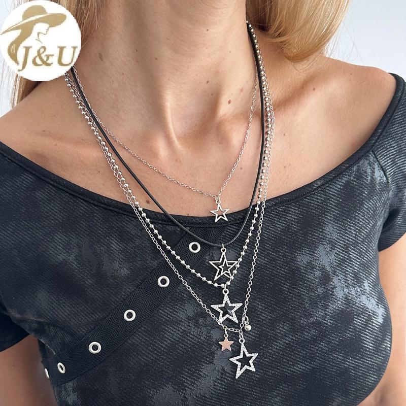 JU Y2K Thời Trang Bạc Lớp Nelace Kim Loại Pentagram Mặt Dây Chuyền Nhiều Dây Xích Cho Nữ Hợp Thời Trang Trang Trang Sức Quà Tặng VN