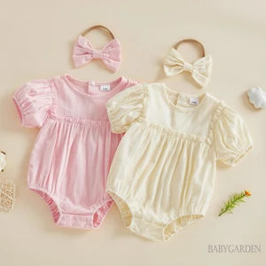 Trẻ sơ sinh Bé gái Trang phục mùa hè Puff Tay ngắn Ruffle Trim Romper và Băng đô