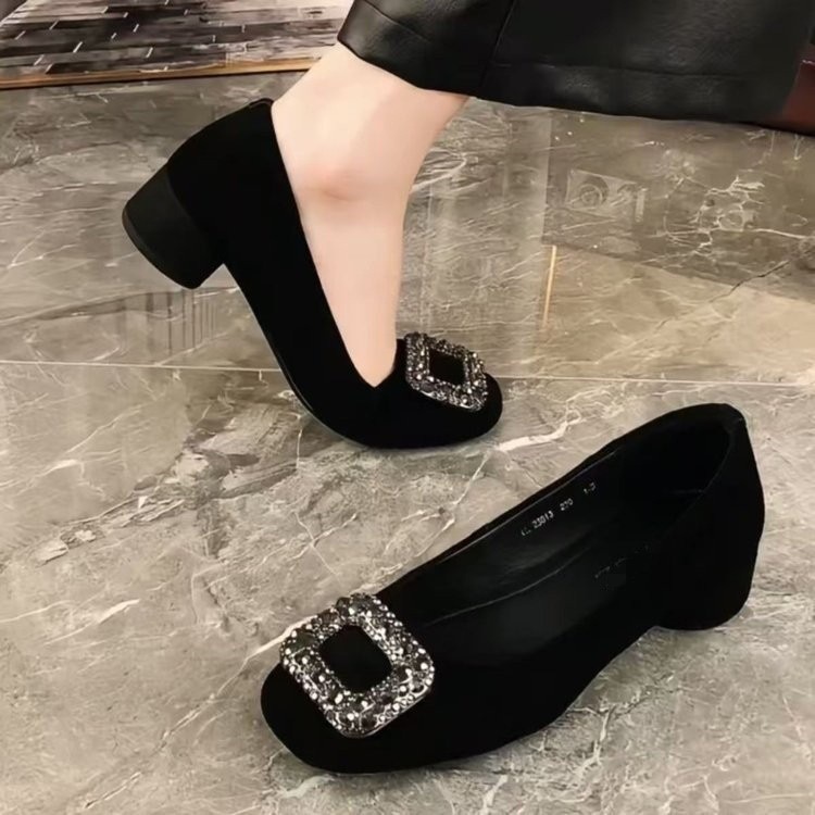 Gót Thấp Mũi Vuông Kim Cương Giả Giày Nữ Mùa Xuân Đen Nông Miệng Sang Trọng Dày Gót Đi Lại Giày 3RWF