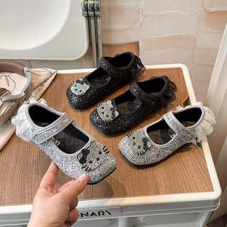 Giày Công Chúa Thời Trang Bé Gái Đế Bằng Trẻ Em Cho Tiệc Cưới Kim Cương Giả Lấp Lánh Hoạt Hình Mèo Nơ Trên Mặt Sau