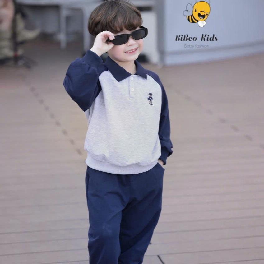 [BiBeo Kids] Bộ Quần Áo POLO THU ĐÔNG THÊU GẤU  cho bé trai ,Bộ quần áo dài tay cho bé