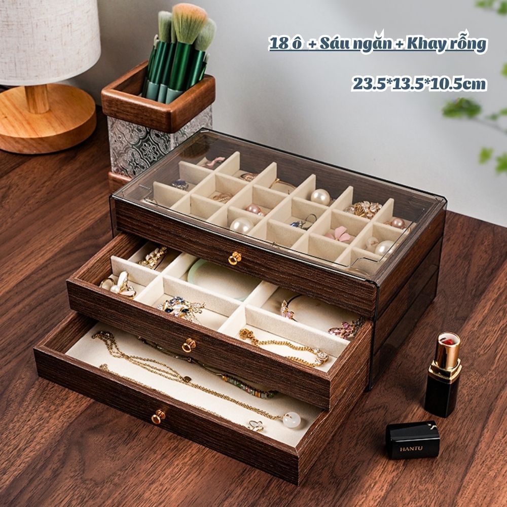 Hộp Đựng Trang Sức Gỗ Cao Cấp HomeMate – Khay Đựng Nhẫn, Dây Chuyền, Hoa Tai 3 Tầng Sang Trọng
