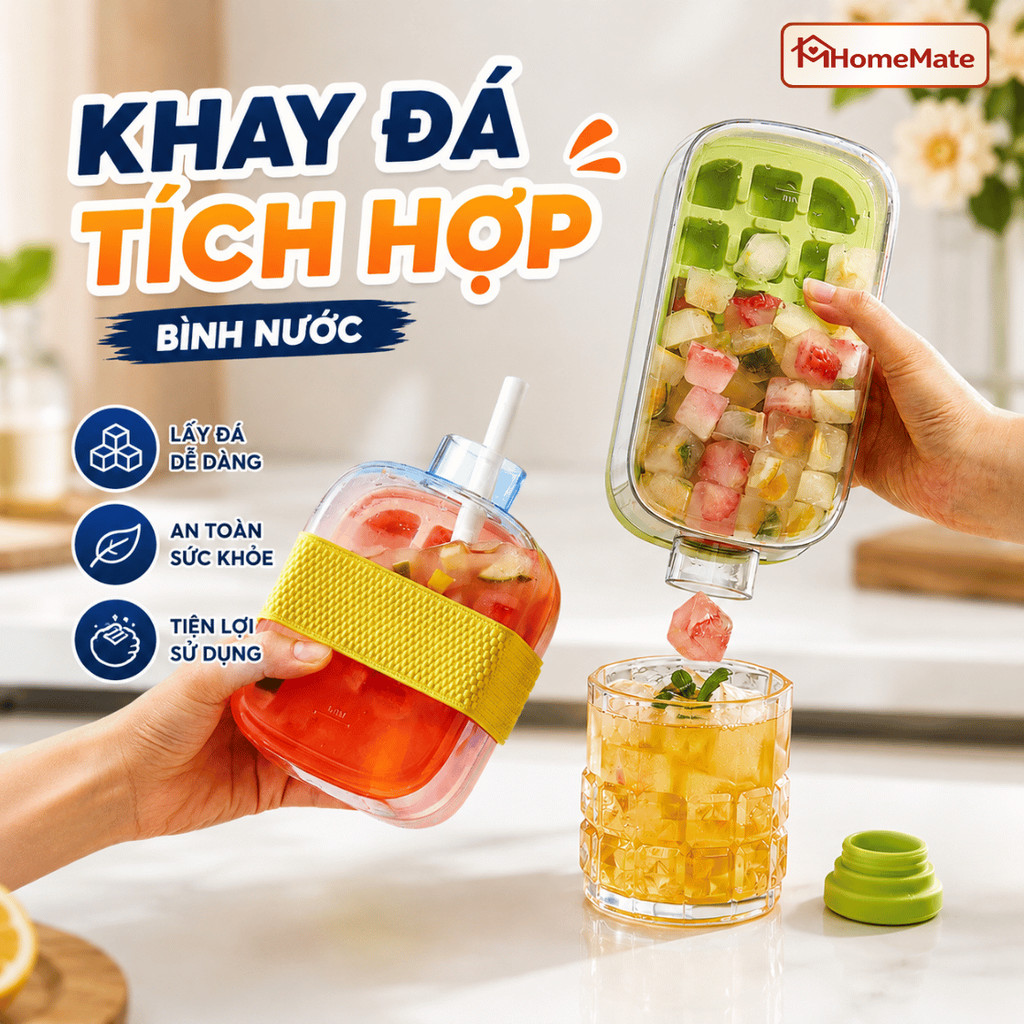 Khay Làm Đá Viên Thông Minh 2in1 HomeMate – Bình Đựng Nước Có Nắp Nhấn Lấy Đá Nhanh, Tặng Ống Hút Tiện Lợi